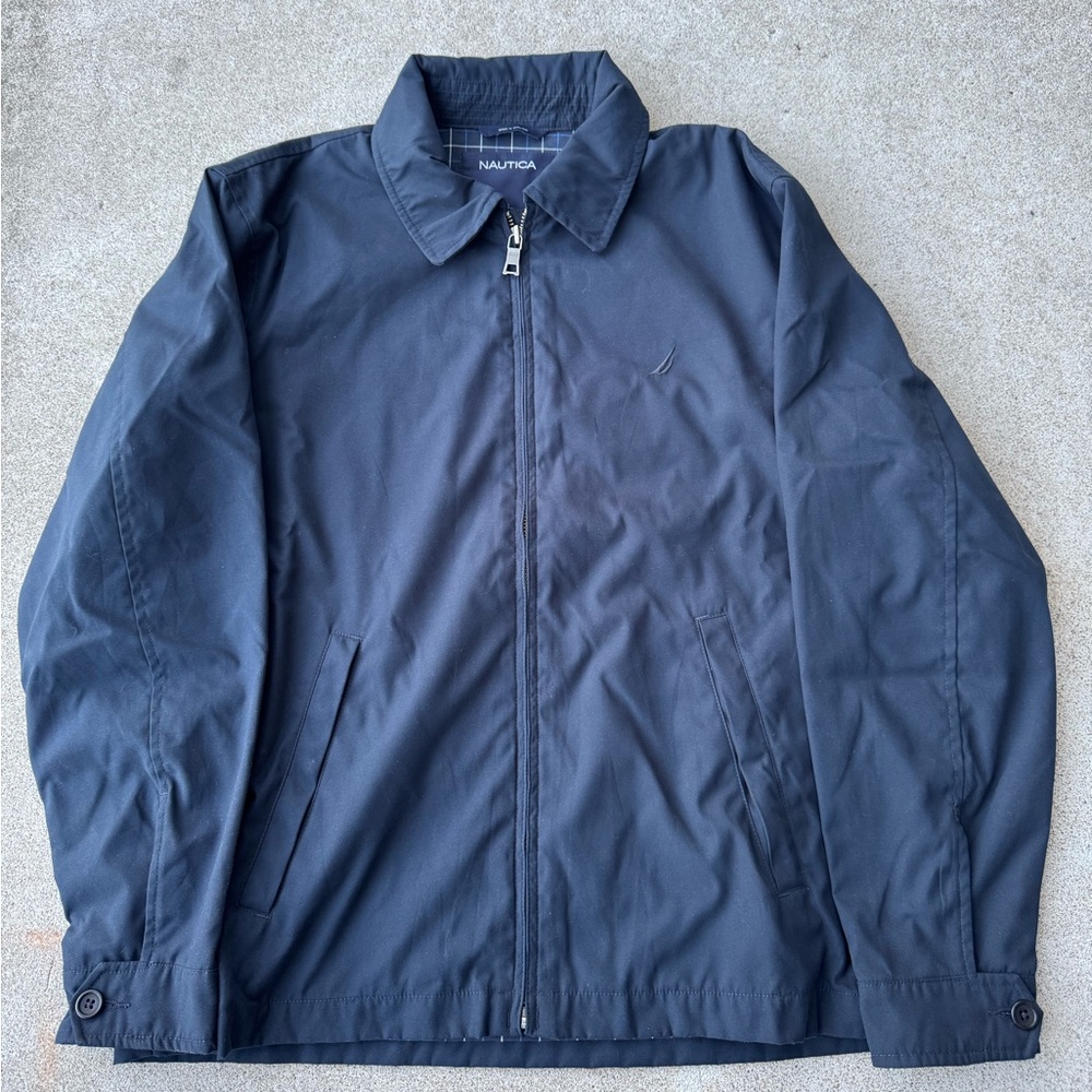 Dark Blue Casual Nautica Point Collar Windbreaker Jacket With Plaid Lining Small